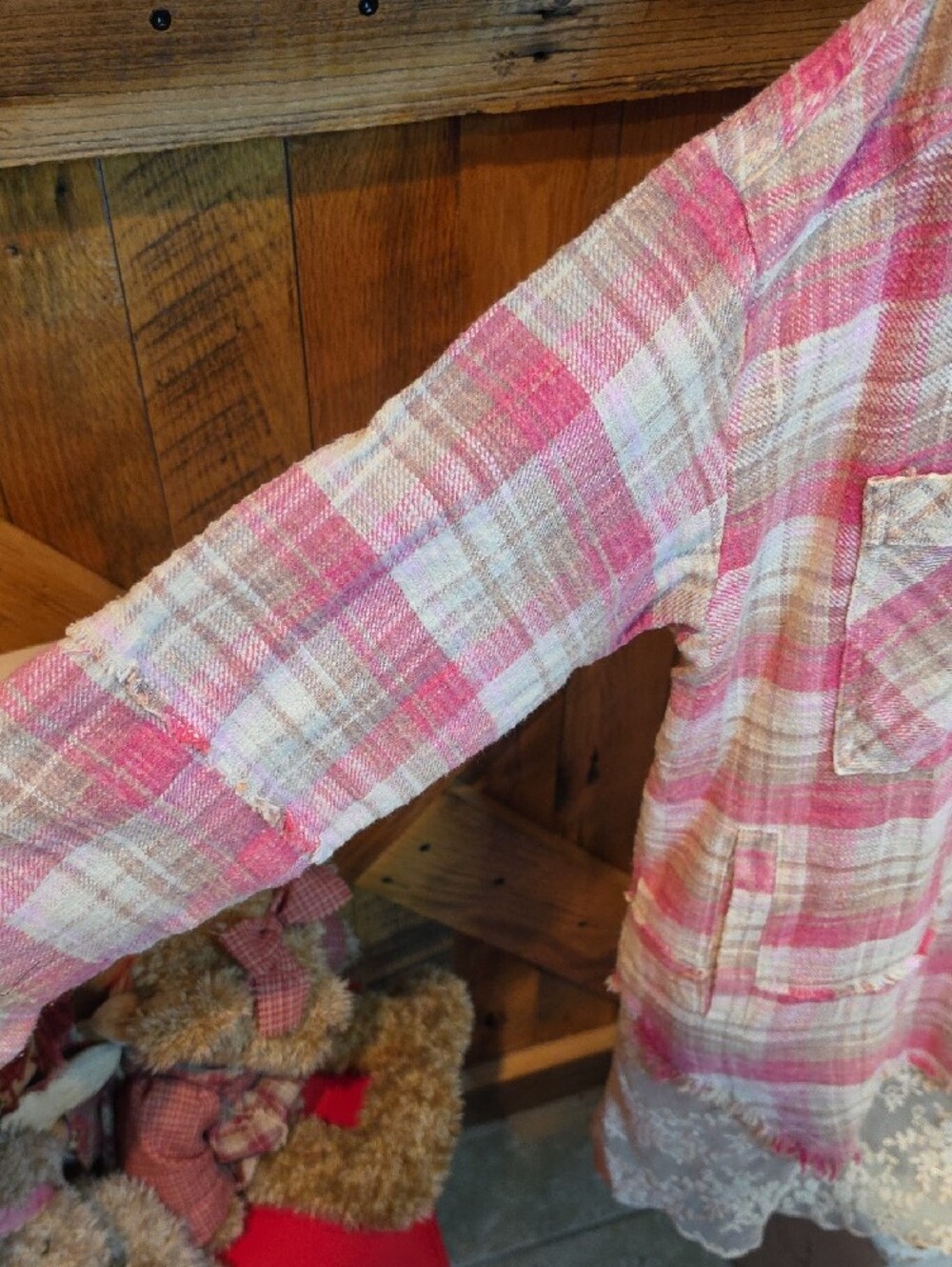 100p Oli & Hali Pink and Cream Plaid Button-Up  with Lace Trim - Picture 8 of 15